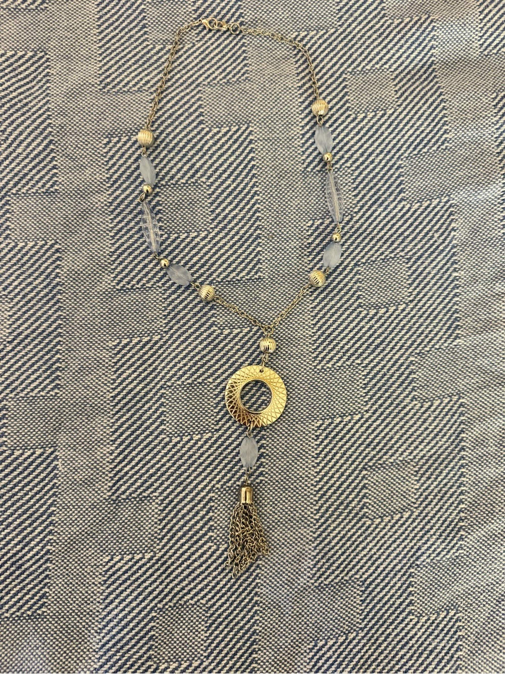 Gold-Tone Circle Pendant Tassel Necklace with Frosted Beads